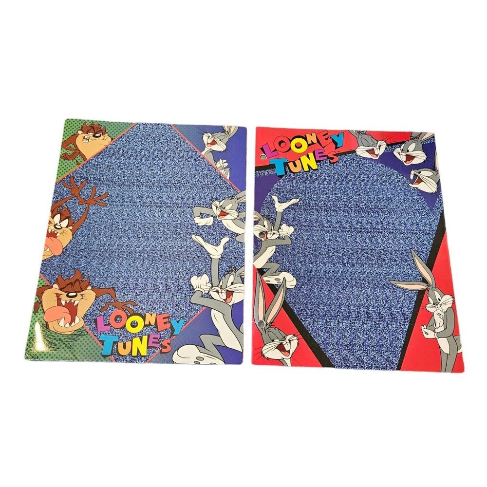Vintage 90s Looney Tunes Bugs Bunny Taz 3D Magic Illusion Set Of 2 Blue Folders‎